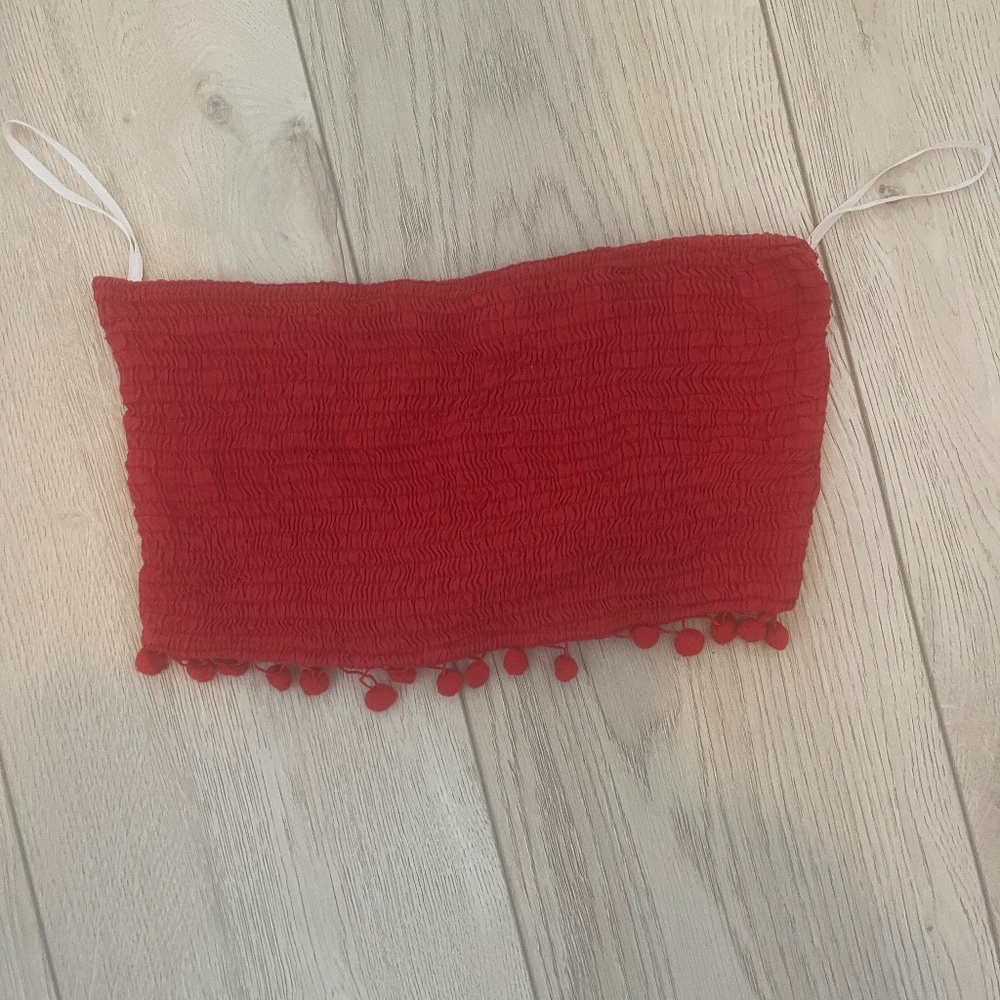 red pom pom tube top